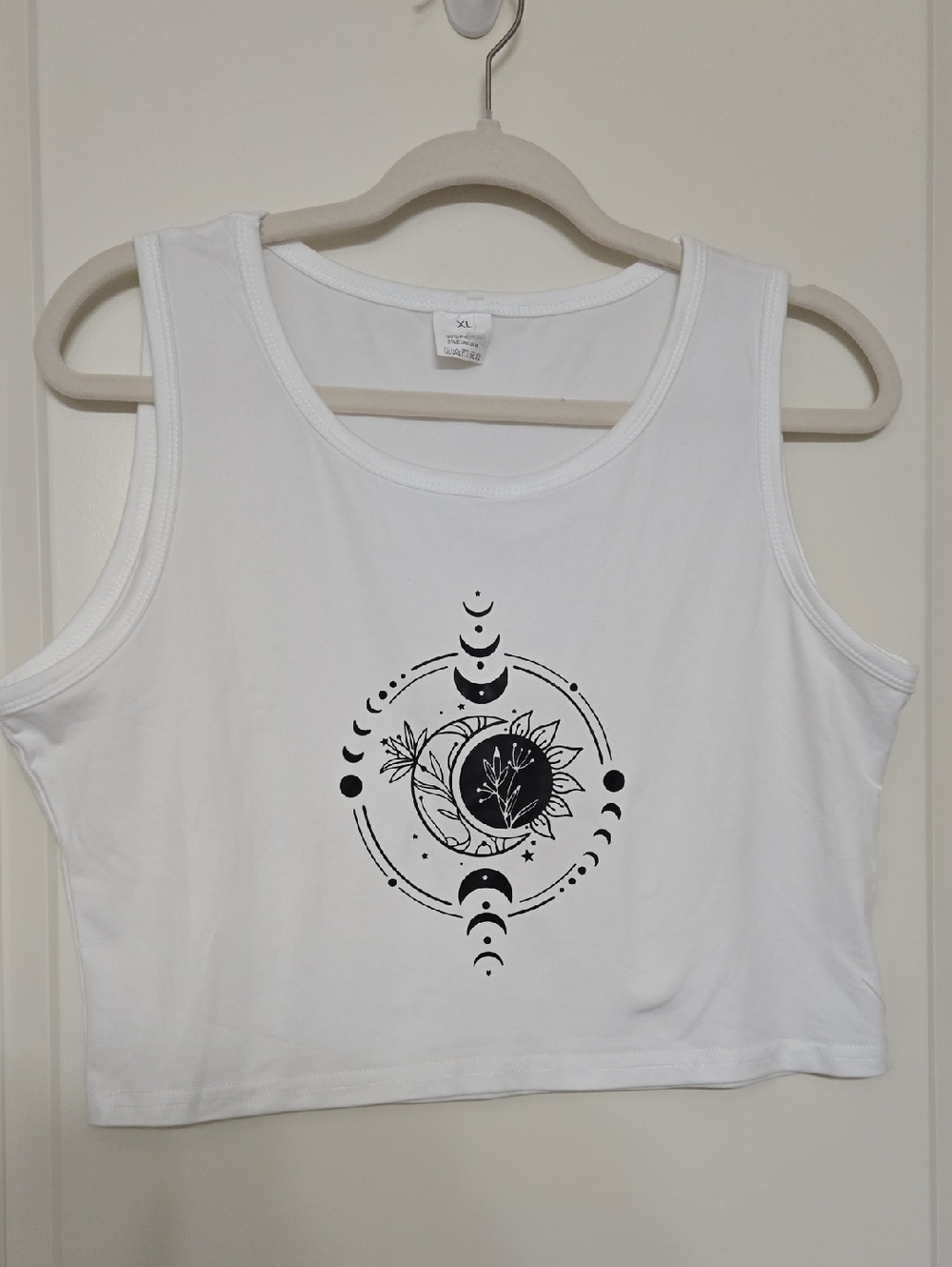 White Cropped Graphic Tank Top with Moon & Floral Design